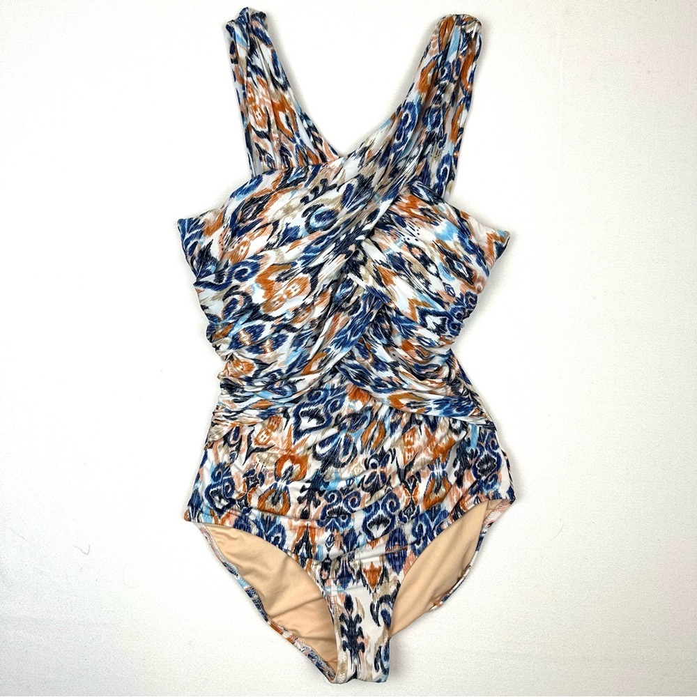 Garnet Hill‎ Multicolored Ikat Ruched One Piece Swimsuit Beach Pool